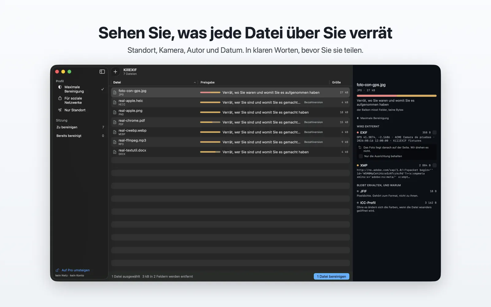 Das KillEXIF-Fenster mit einer Dateiliste, jede Datei mit einem Balken für das, was sie verrät, und rechts die Details dessen, was entfernt wird.