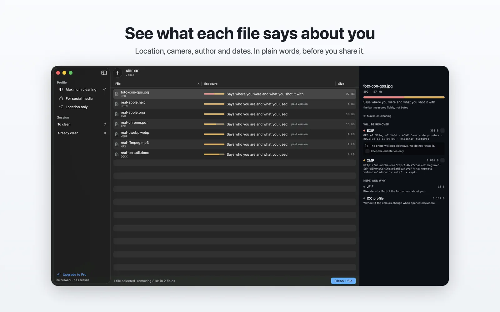 The KillEXIF window listing files, each with a bar measuring how much it reveals, and the detail of what will be removed on the right.