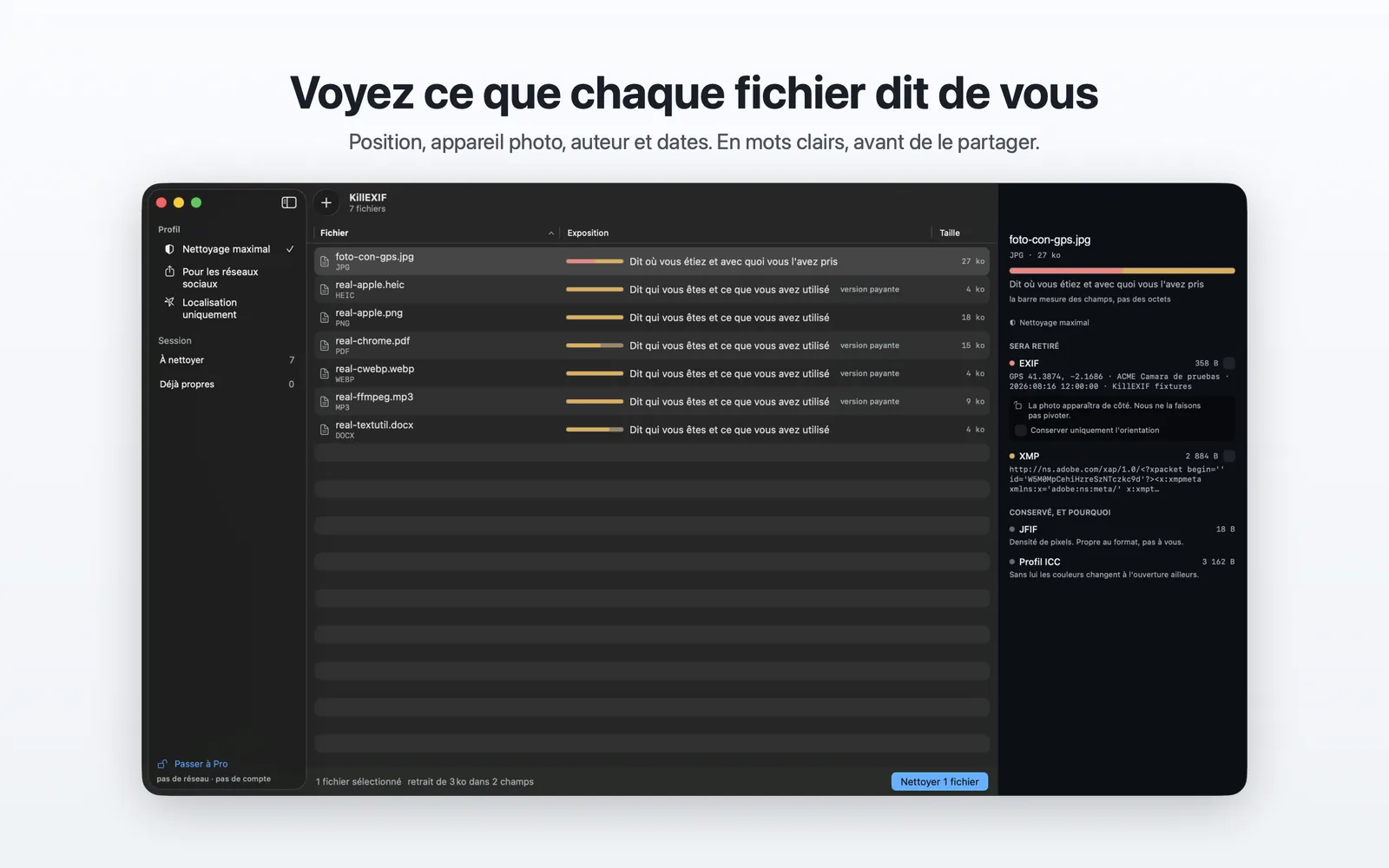 La fenêtre de KillEXIF avec une liste de fichiers, chacun avec une barre qui mesure ce qu'il révèle, et à droite le détail de ce qui sera supprimé.