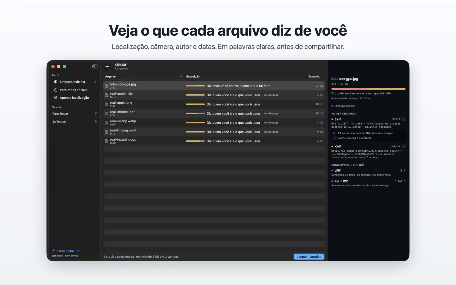 A janela do KillEXIF com uma lista de arquivos, cada um com uma barra que mede o que revela, e à direita o detalhe do que será removido.
