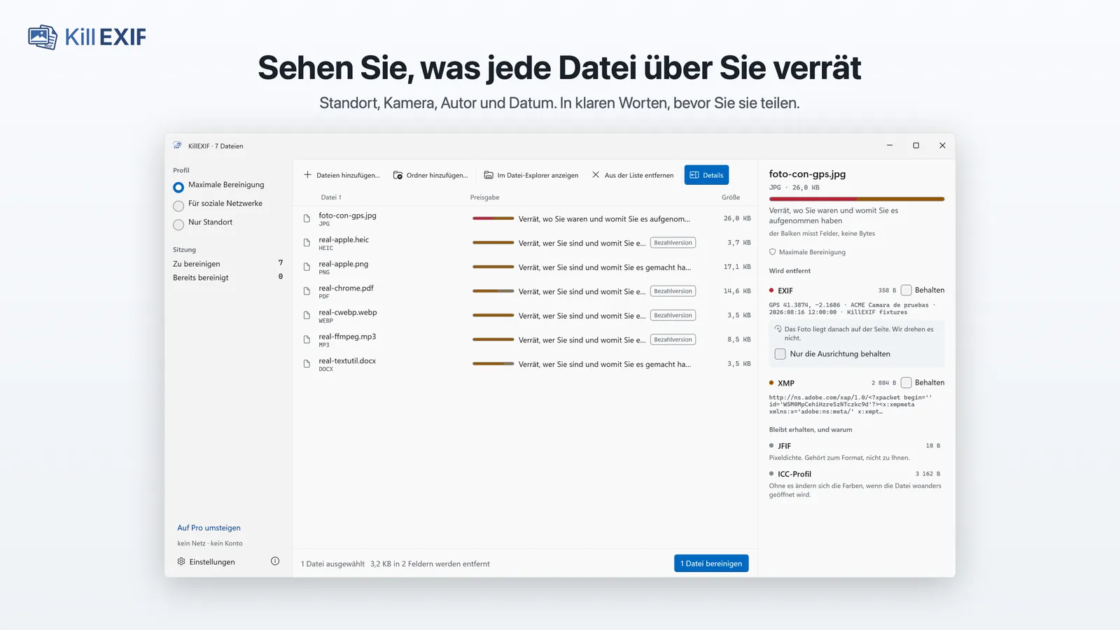 Das KillEXIF-Fenster unter Windows mit sieben Dateien in verschiedenen Formaten, jede mit einem Balken für das, was sie verrät, und rechts die Details dessen, was aus einem Foto mit GPS entfernt wird.