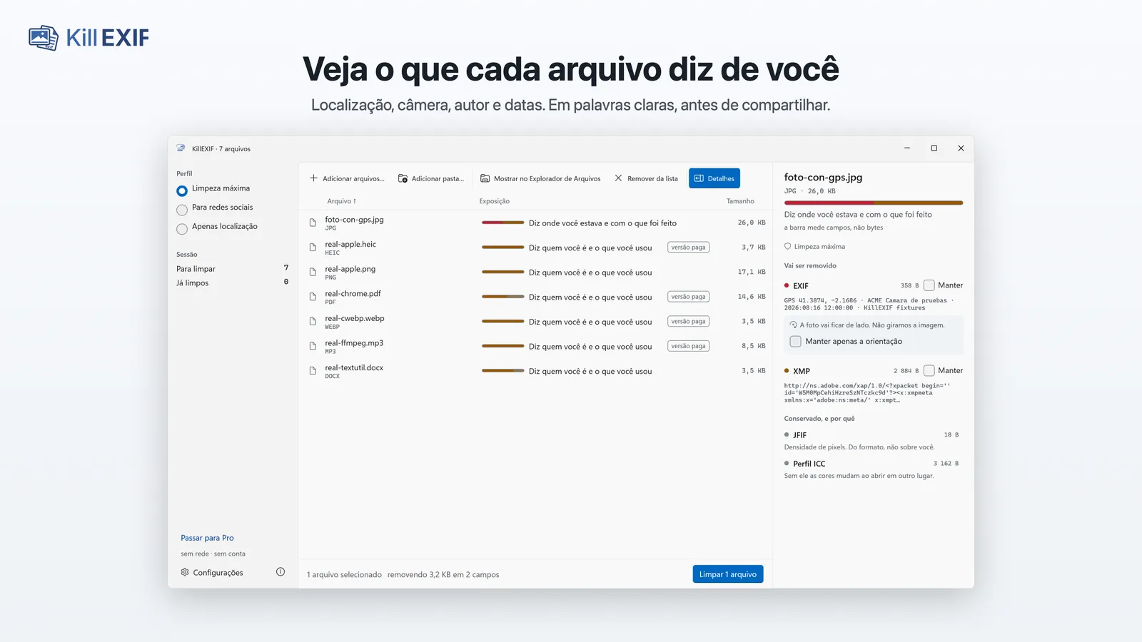 A janela do KillEXIF no Windows com sete arquivos de formatos diferentes, cada um com uma barra que mede o que revela, e à direita o detalhe do que será removido de uma foto com GPS.